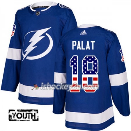 Børn NHL Tampa Bay Lightning Trøje Ondrej Palat 18 Adidas 2017-2018 Blå USA Flag Fashion Authentic